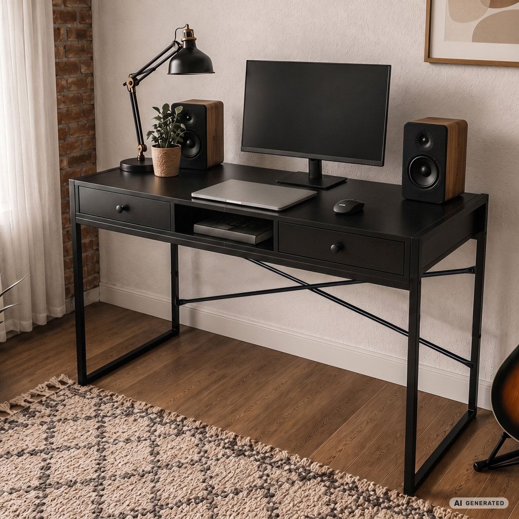Birou industrial Akord cu 2 sertare și raft, negru, cadru metalic - imagine 8