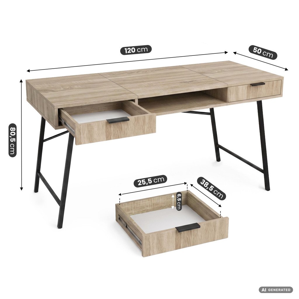 Birou industrial Akord cu 2 sertare și raft – stejar sonoma, 120 × 50 × 80,5 cm - imagine 3