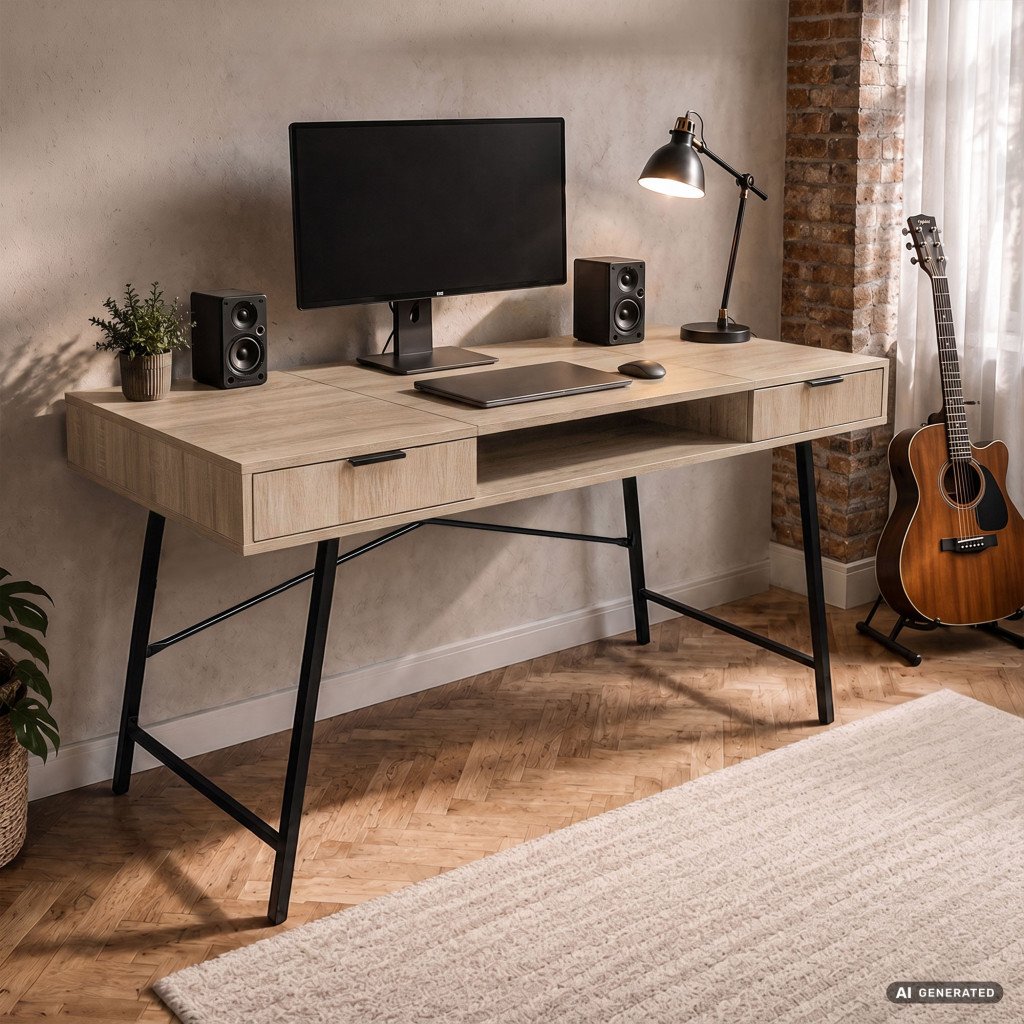Birou industrial Akord cu 2 sertare și raft – stejar sonoma, 120 × 50 × 80,5 cm - imagine 8