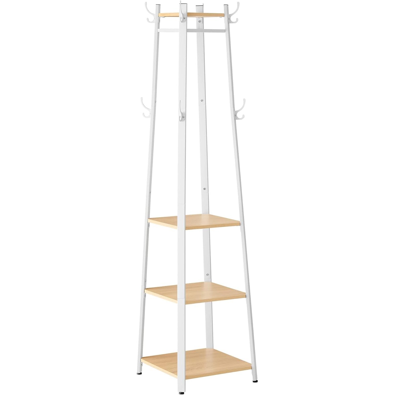 Cuier Vasagle LCR080W09 – 8 cârlige duble, 4 rafturi, bară pentru umerașe, stejar și alb