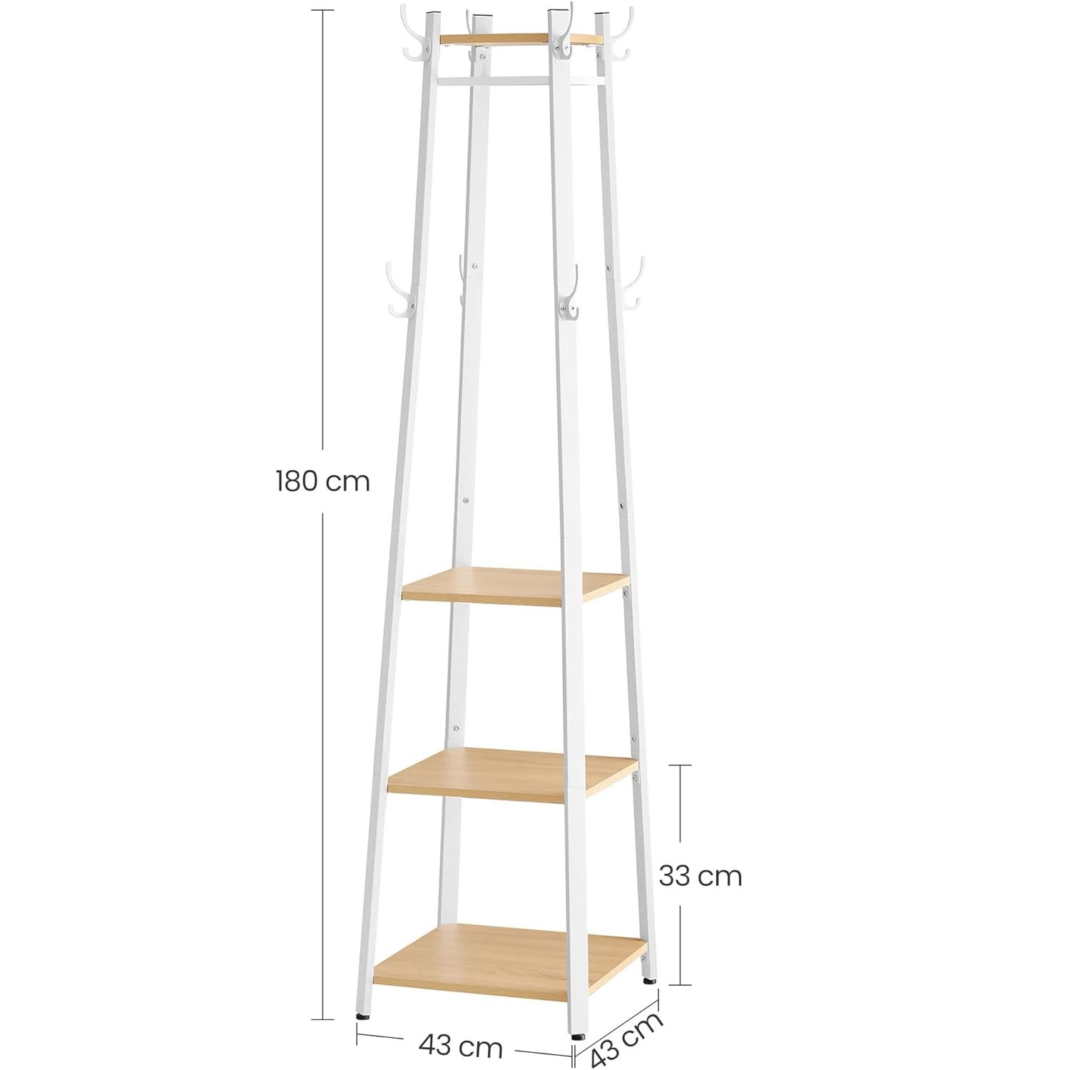 Cuier Vasagle LCR080W09 – 8 cârlige duble, 4 rafturi, bară pentru umerașe, stejar și alb - imagine 2