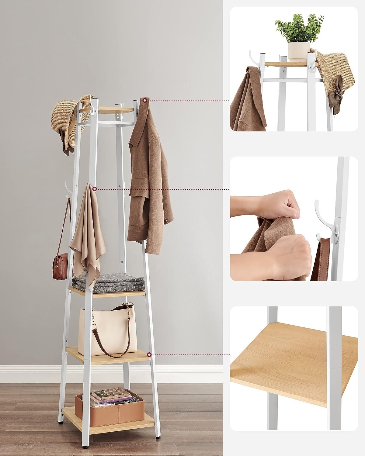 Cuier Vasagle LCR080W09 – 8 cârlige duble, 4 rafturi, bară pentru umerașe, stejar și alb - imagine 4
