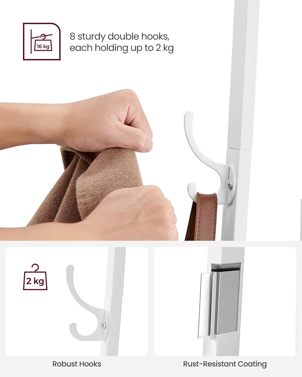 Cuier Vasagle LCR080W09 – 8 cârlige duble, 4 rafturi, bară pentru umerașe, stejar și alb - imagine 5