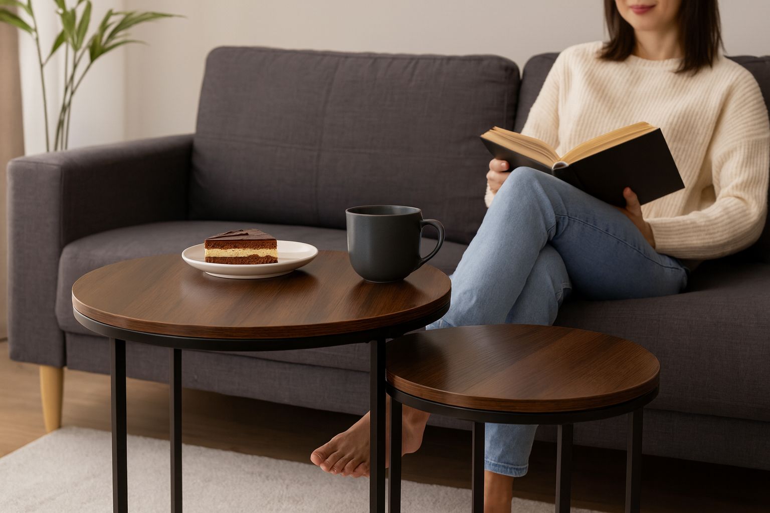 Set 2 mese pentru cafea din MDF și oțel – 60 × 60 × 50 cm și 40 × 40 × 40 cm, maro - imagine 5