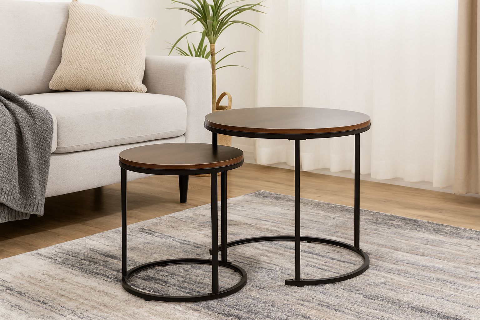 Set 2 mese pentru cafea din MDF și oțel – 60 × 60 × 50 cm și 40 × 40 × 40 cm, maro - imagine 6