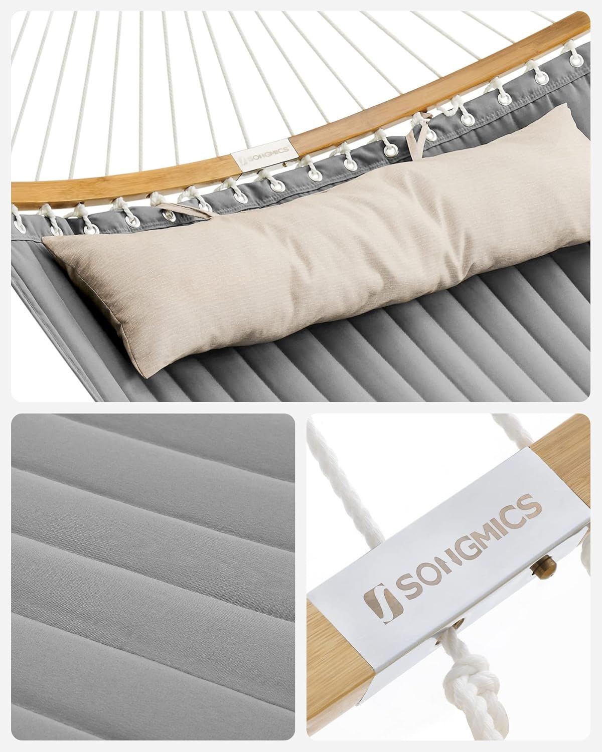 Hamac dublu Songmics GDC34CG – bare din bambus, 200 × 140 cm, gri - imagine 3