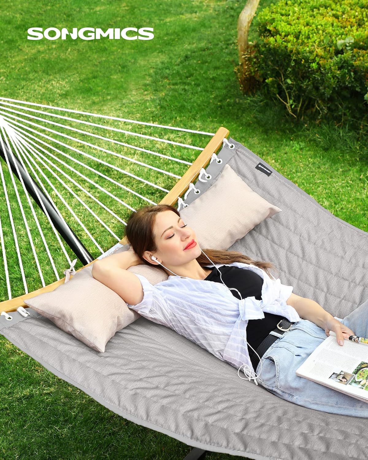 Hamac dublu Songmics GDC34CG – bare din bambus, 200 × 140 cm, gri - imagine 6