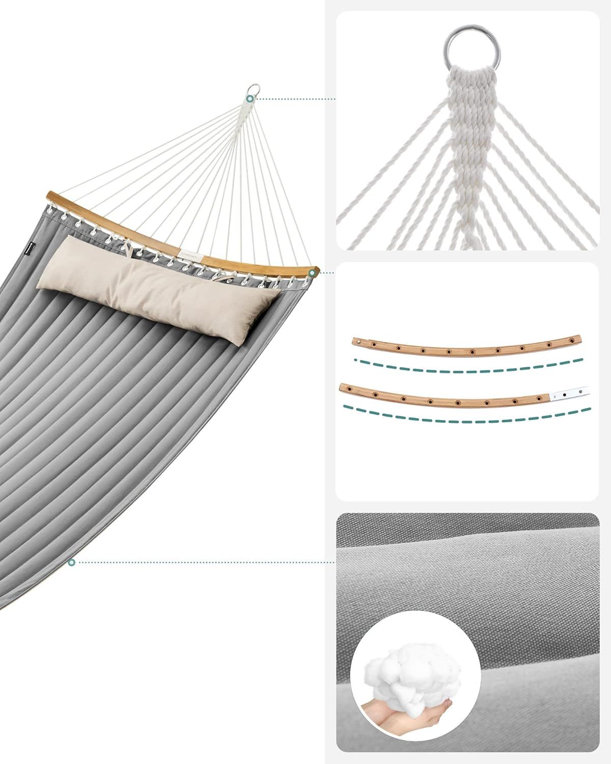 Hamac dublu Songmics GDC34CG – bare din bambus, 200 × 140 cm, gri - imagine 7