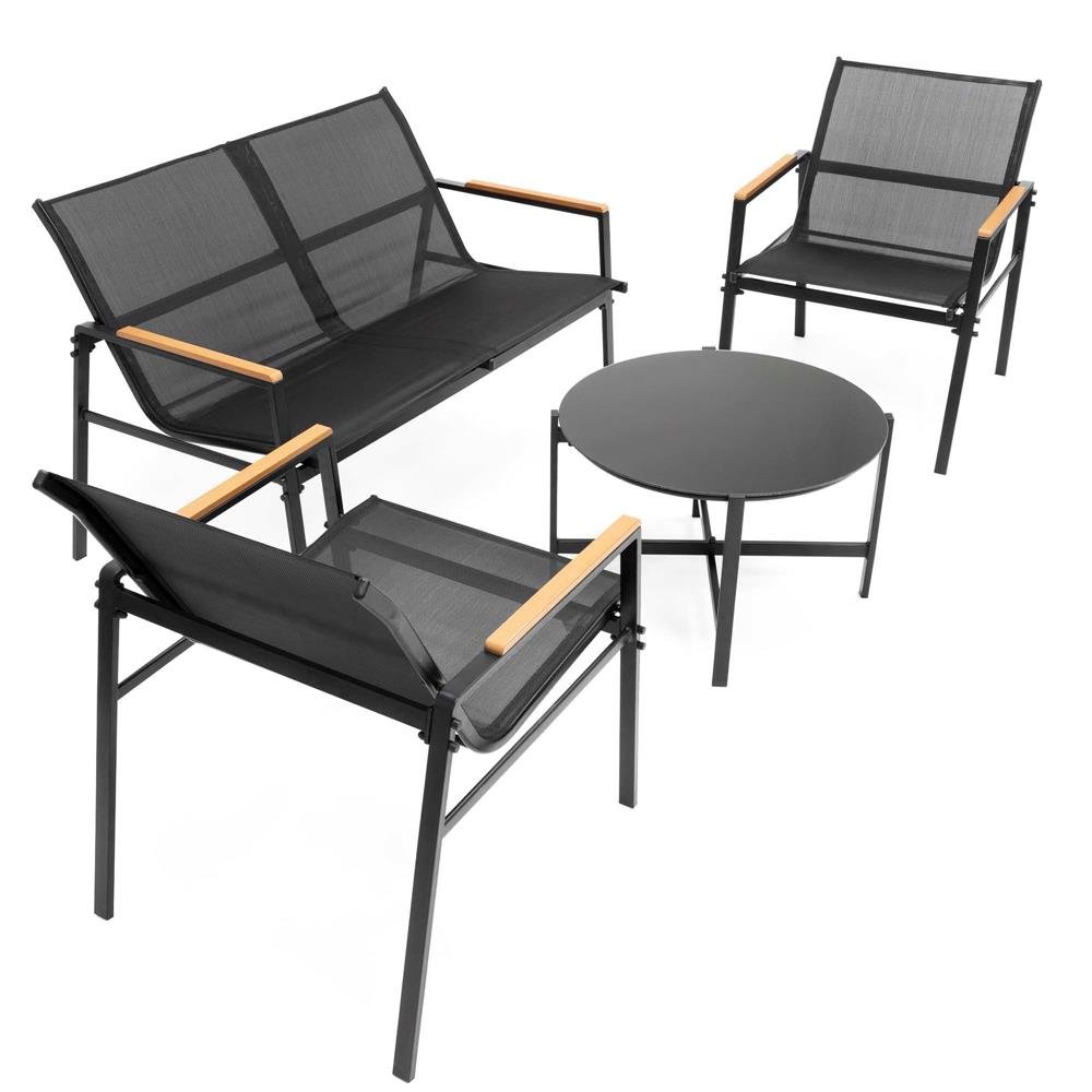 Set mobilier de grădină 4 locuri – canapea, 2 scaune și masă rotundă cu sticlă, cadru metalic, negru - imagine 2