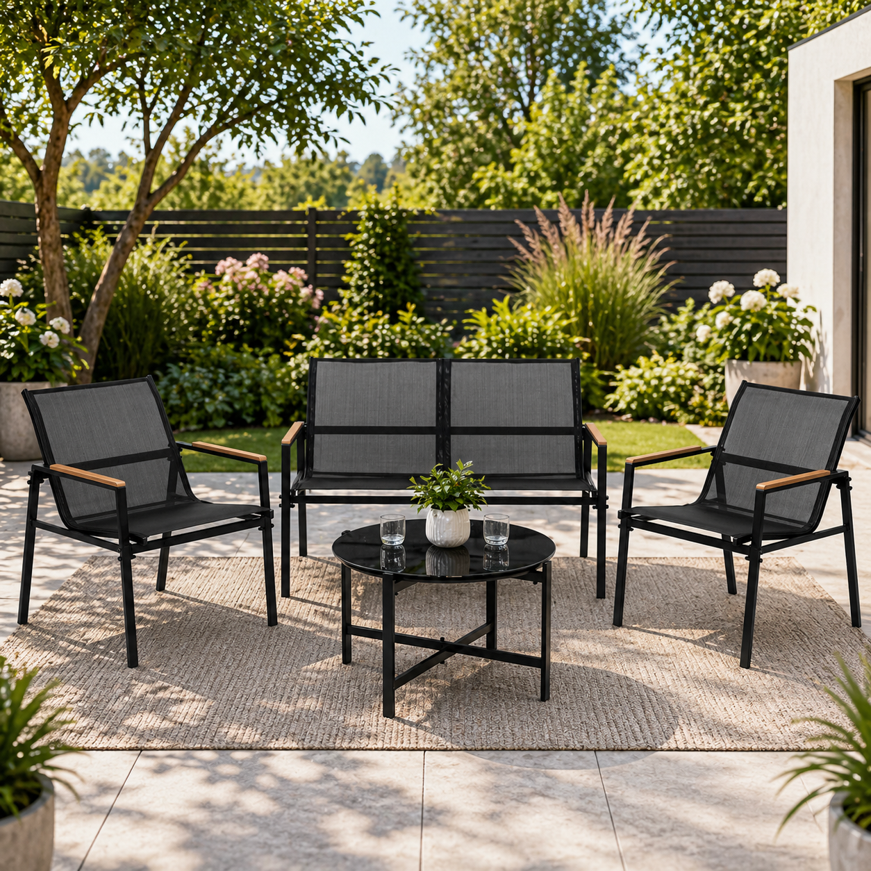 Set mobilier de grădină 4 locuri – canapea, 2 scaune și masă rotundă cu sticlă, cadru metalic, negru