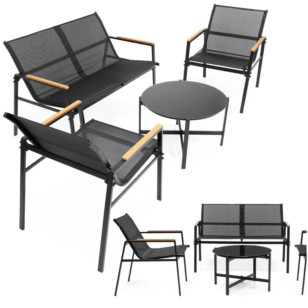 Set mobilier de grădină 4 locuri – canapea, 2 scaune și masă rotundă cu sticlă, cadru metalic, negru - imagine 3