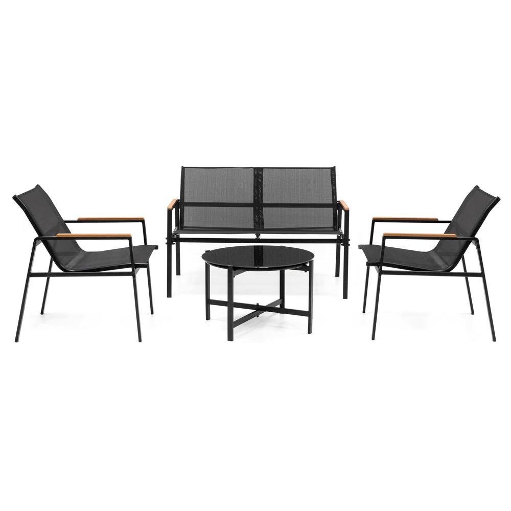 Set mobilier de grădină 4 locuri – canapea, 2 scaune și masă rotundă cu sticlă, cadru metalic, negru - imagine 4