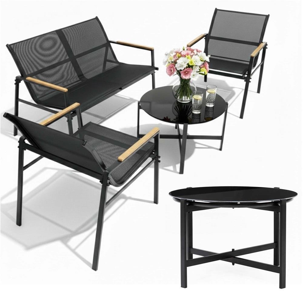Set mobilier de grădină 4 locuri – canapea, 2 scaune și masă rotundă cu sticlă, cadru metalic, negru - imagine 5