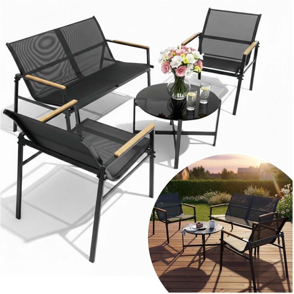 Set mobilier de grădină 4 locuri – canapea, 2 scaune și masă rotundă cu sticlă, cadru metalic, negru - imagine 6