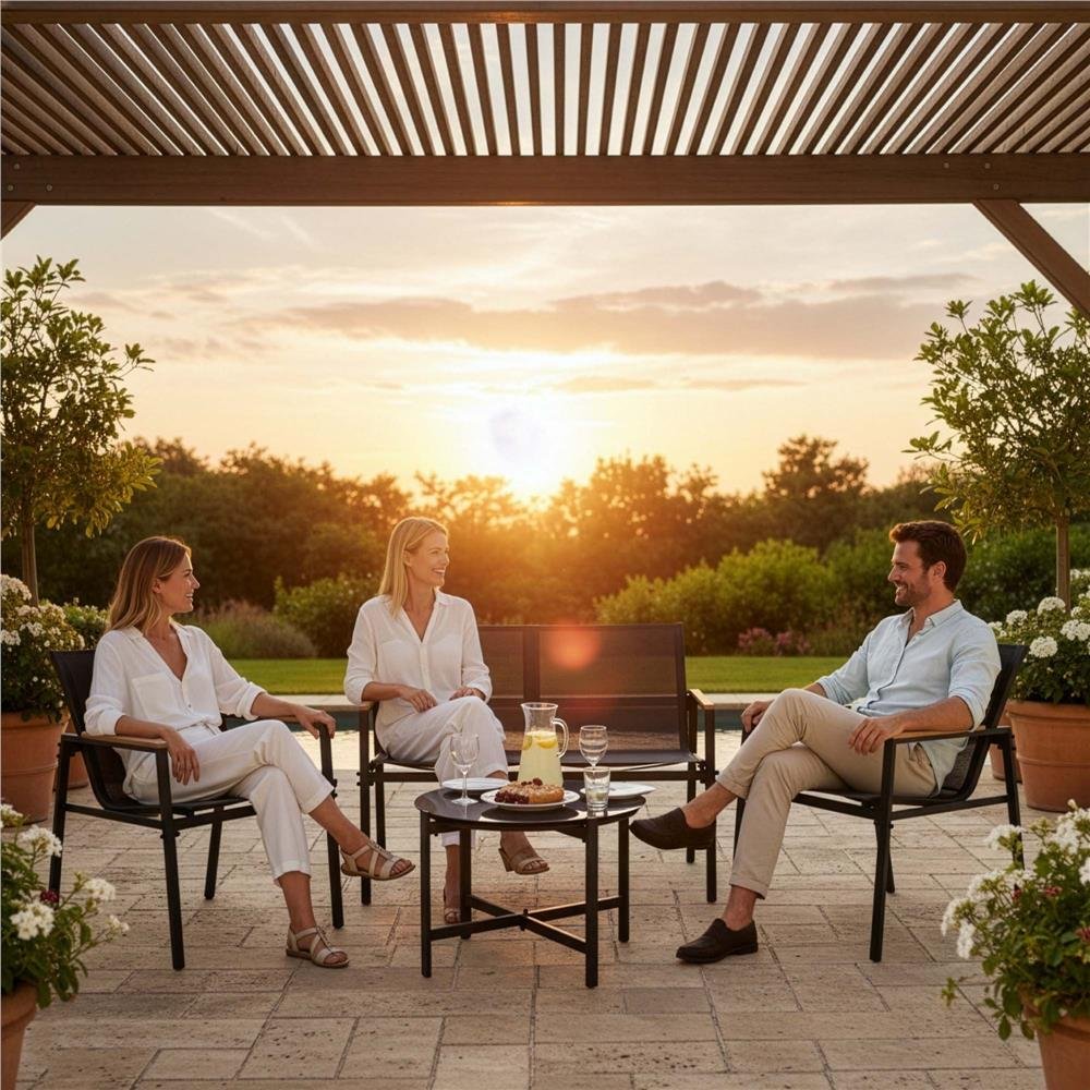 Set mobilier de grădină 4 locuri – canapea, 2 scaune și masă rotundă cu sticlă, cadru metalic, negru - imagine 7