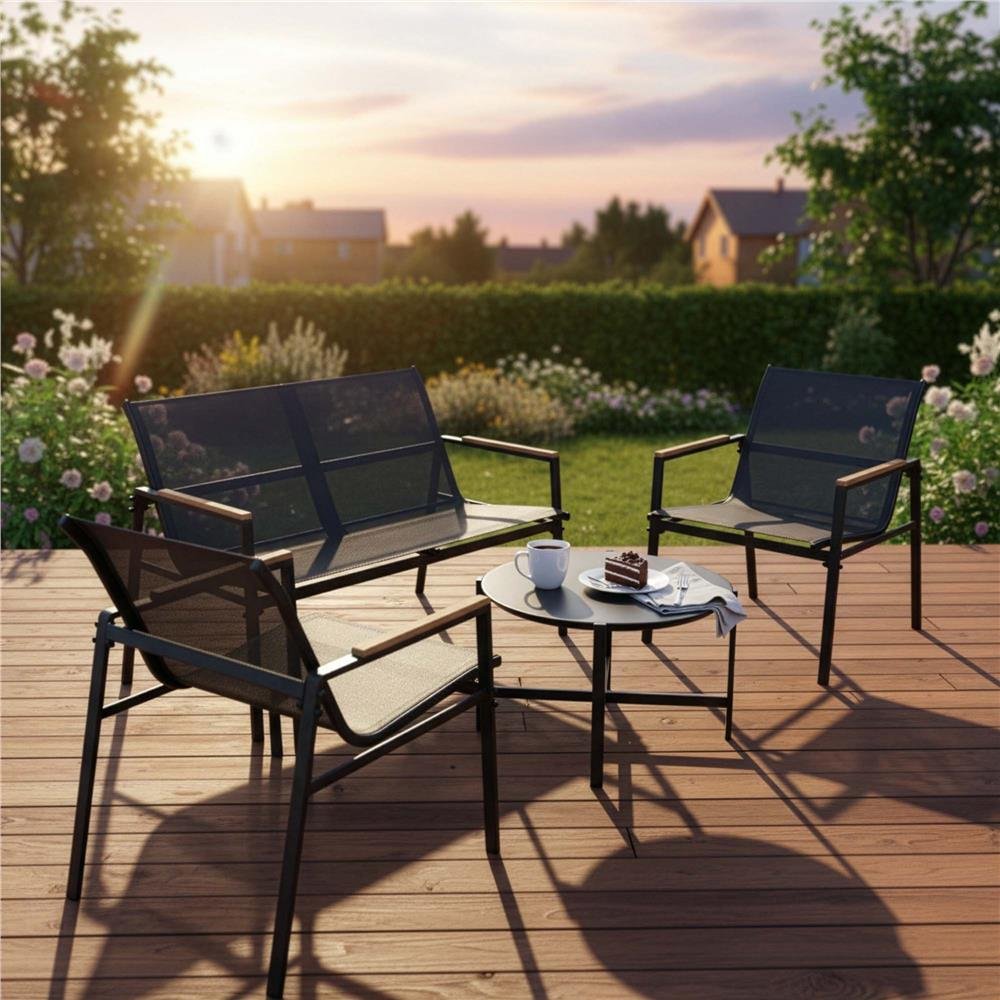 Set mobilier de grădină 4 locuri – canapea, 2 scaune și masă rotundă cu sticlă, cadru metalic, negru - imagine 8