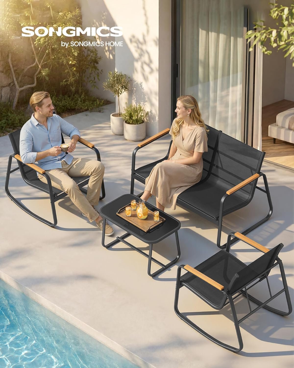 Set mobilier grădină Songmics GGF0028BZ01 – 4 locuri, 2 scaune balansoar, canapea și masă, negru - imagine 5