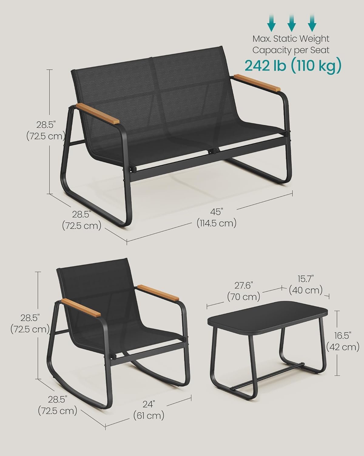 Set mobilier grădină Songmics GGF0028BZ01 – 4 locuri, 2 scaune balansoar, canapea și masă, negru - imagine 6