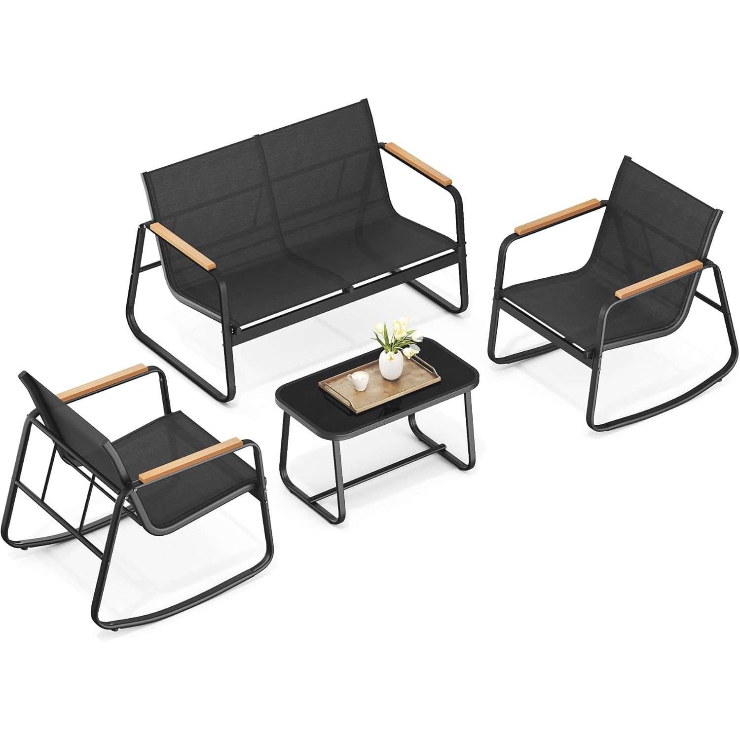 Set mobilier grădină Songmics GGF0028BZ01 – 4 locuri, 2 scaune balansoar, canapea și masă, negru - imagine 2