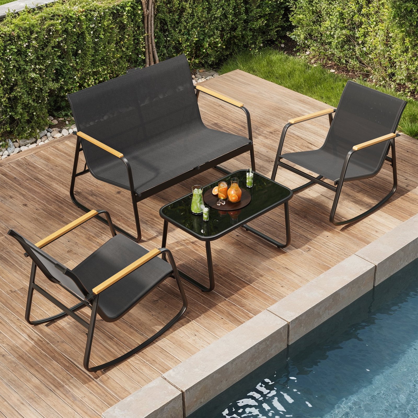 Set mobilier grădină Songmics GGF0028BZ01 – 4 locuri, 2 scaune balansoar, canapea și masă, negru