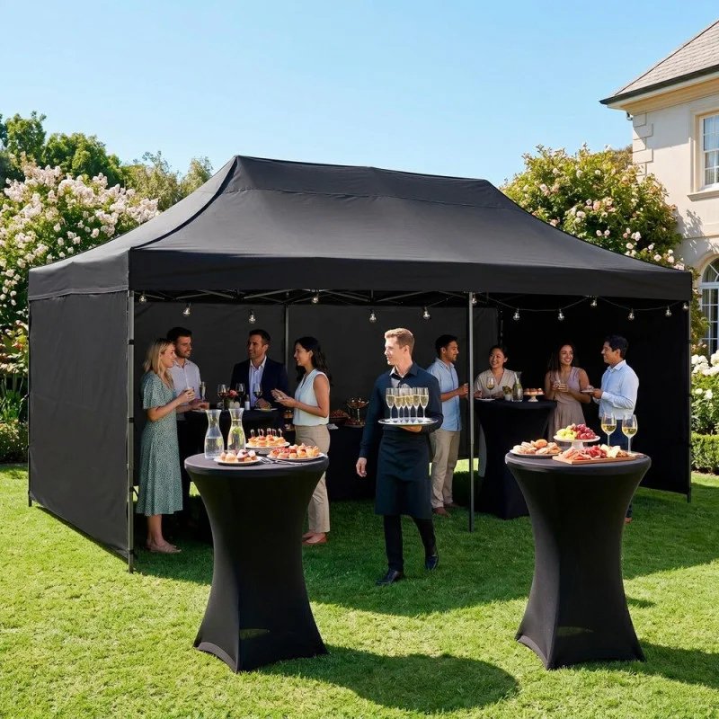 Pavilion de grădină pliabil 300 × 600 cm – înălțime reglabilă, cu 3 pereți laterali, negru - imagine 2