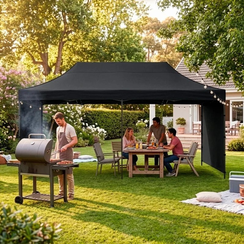 Pavilion de grădină pliabil 300 × 600 cm – înălțime reglabilă, cu 3 pereți laterali, negru - imagine 4