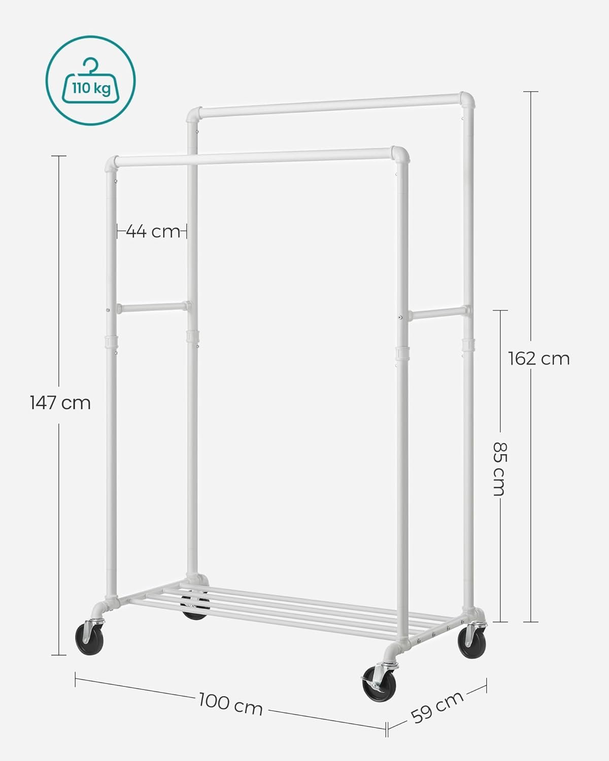 Suport haine Songmics HSR060W01 – 2 bare, raft, roți, industrial, alb - imagine 2