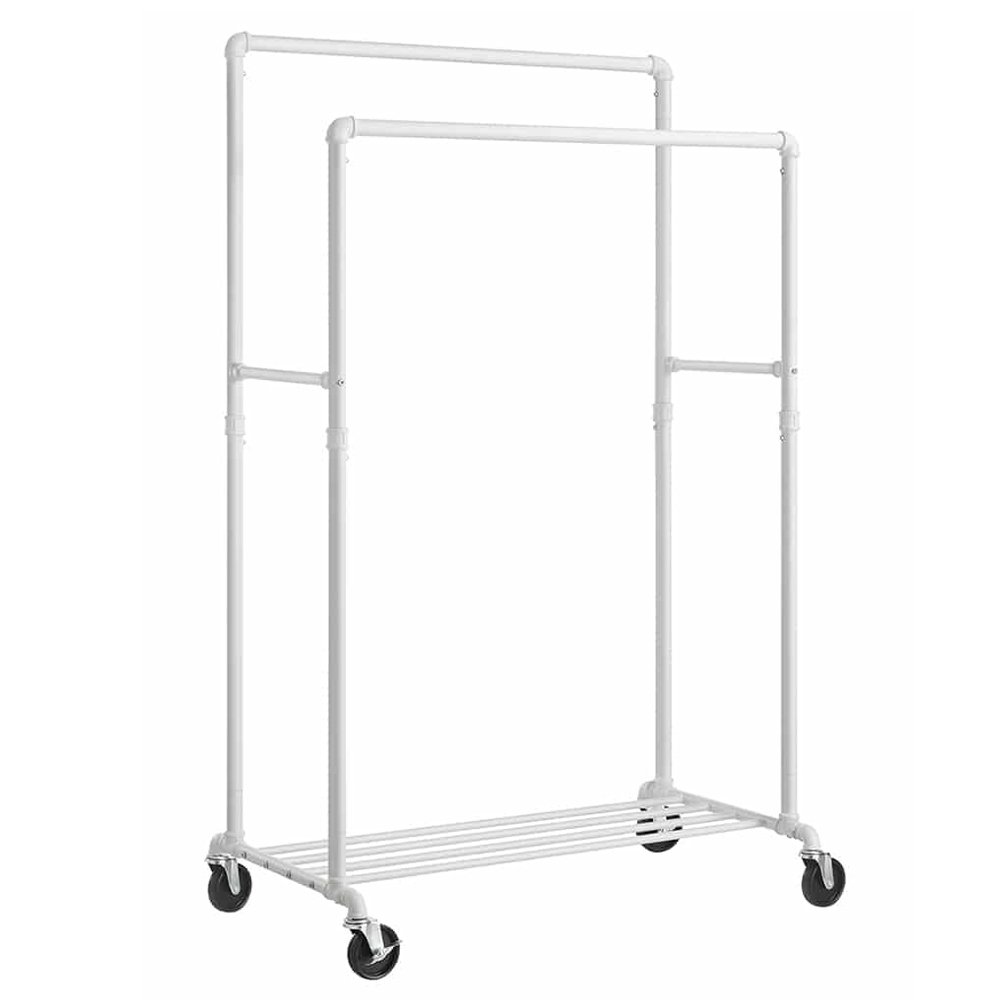 Suport haine Songmics HSR060W01 – 2 bare, raft, roți, industrial, alb