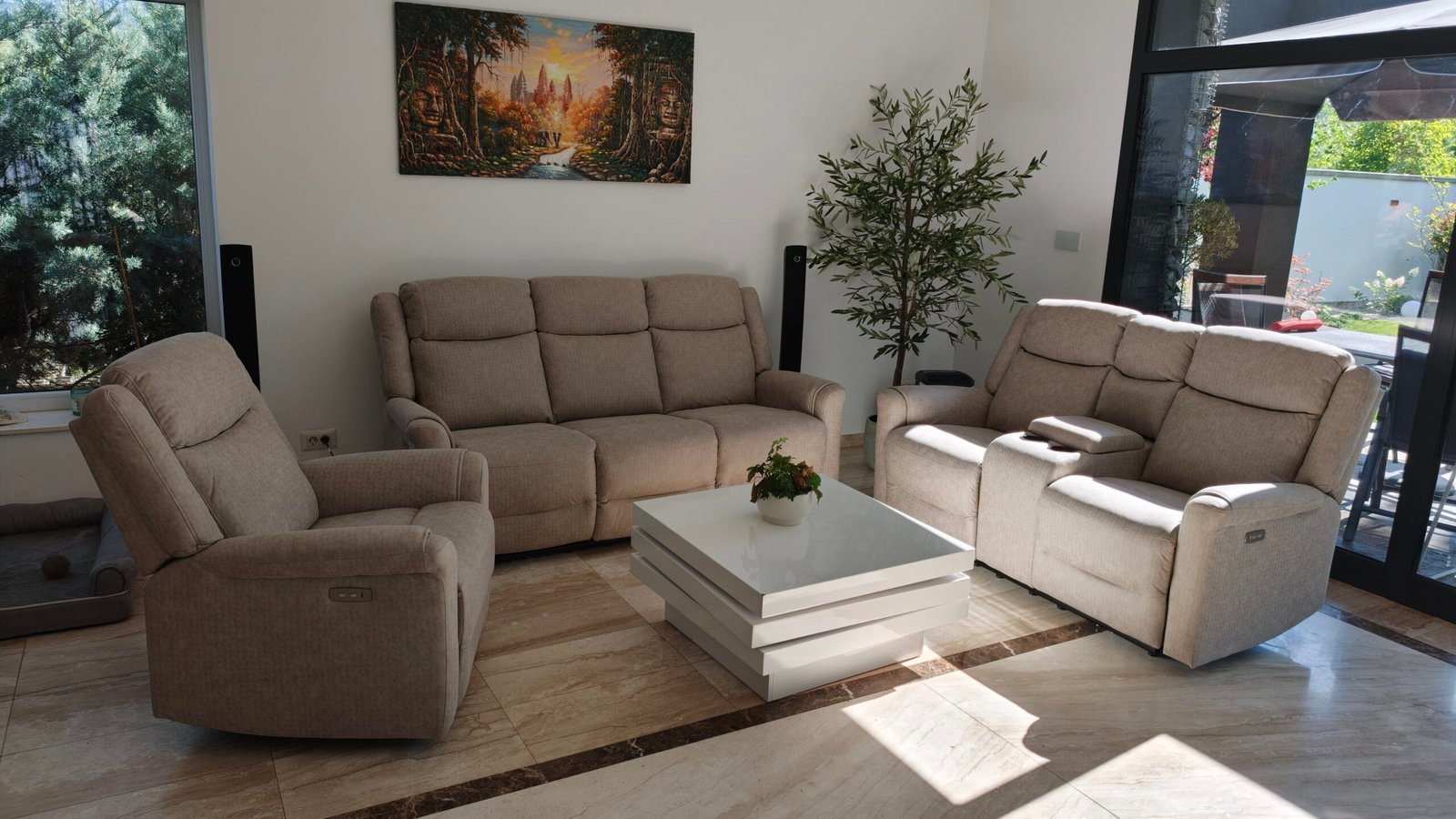 Set de canapele extensibile electric, 3 piese, cu funcție recliner și consolă centrală – gri deschis - imagine 2