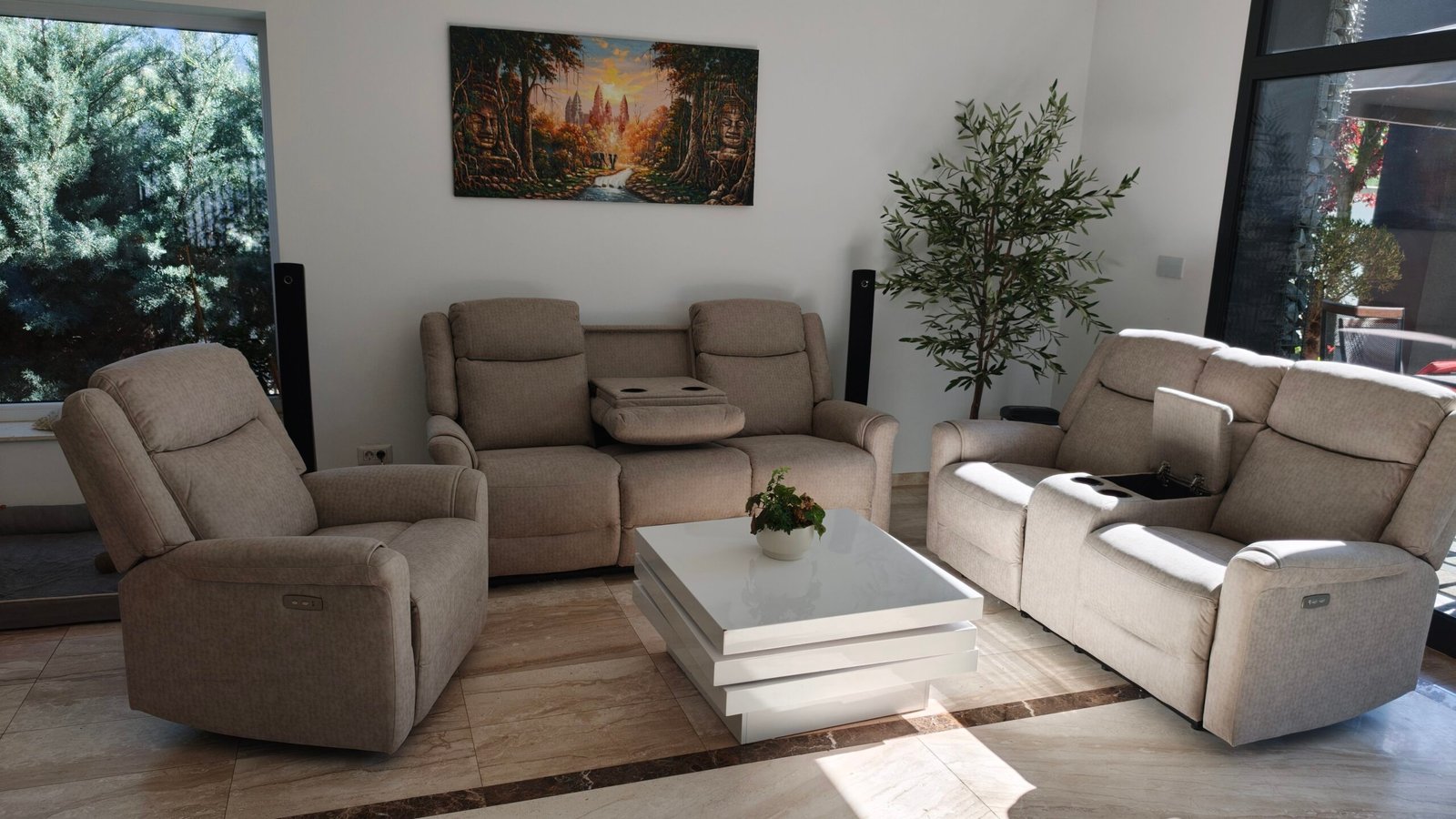 Set de canapele extensibile electric, 3 piese, cu funcție recliner și consolă centrală – gri deschis - imagine 3