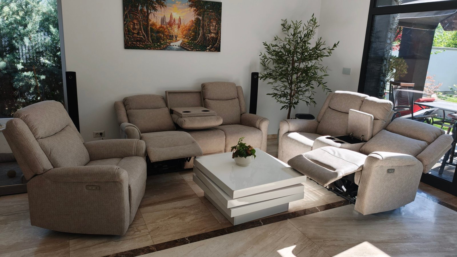 Set de canapele extensibile electric, 3 piese, cu funcție recliner și consolă centrală – gri deschis - imagine 4