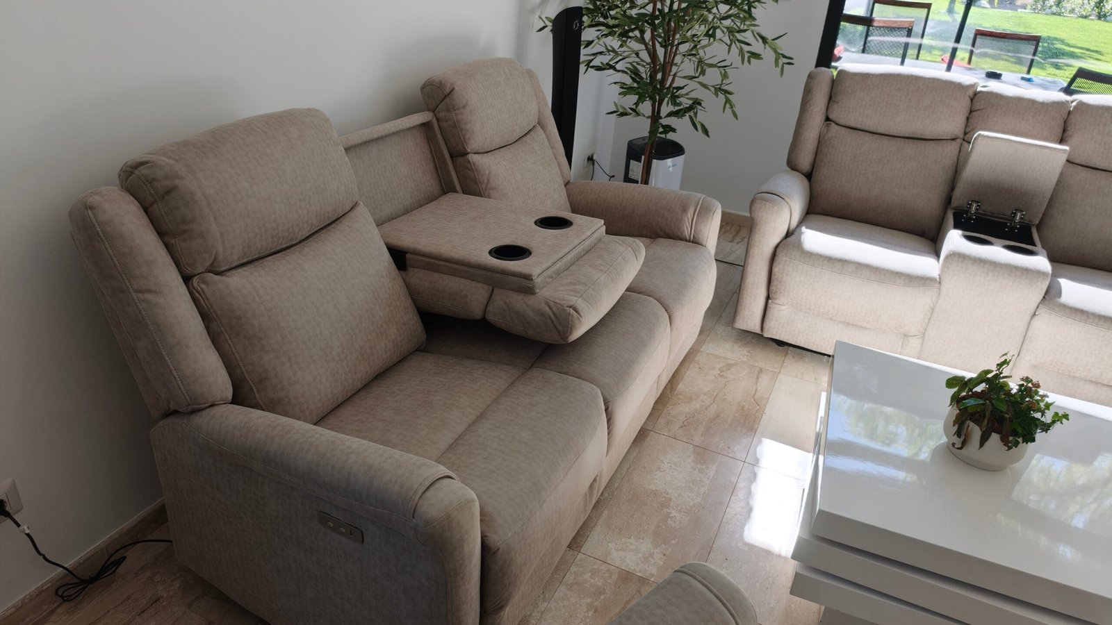 Set de canapele extensibile electric, 3 piese, cu funcție recliner și consolă centrală – gri deschis - imagine 5