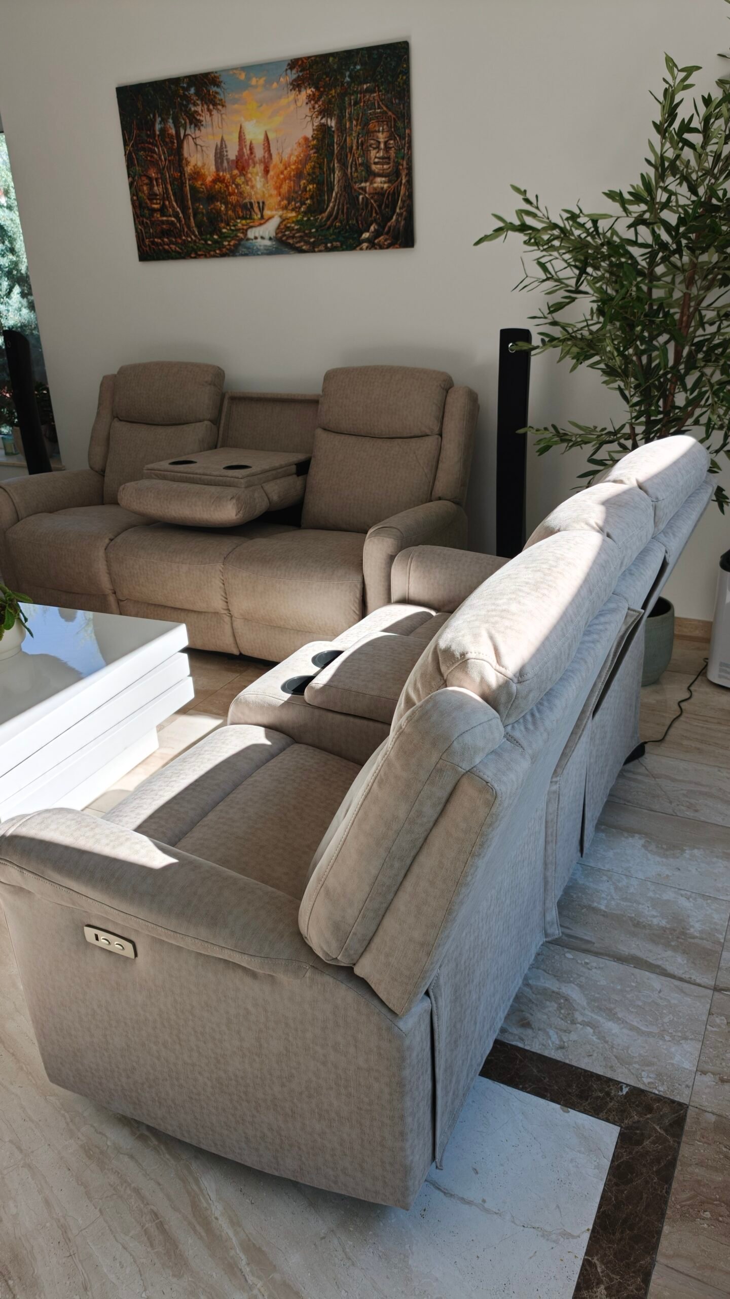 Set de canapele extensibile electric, 3 piese, cu funcție recliner și consolă centrală – gri deschis - imagine 7