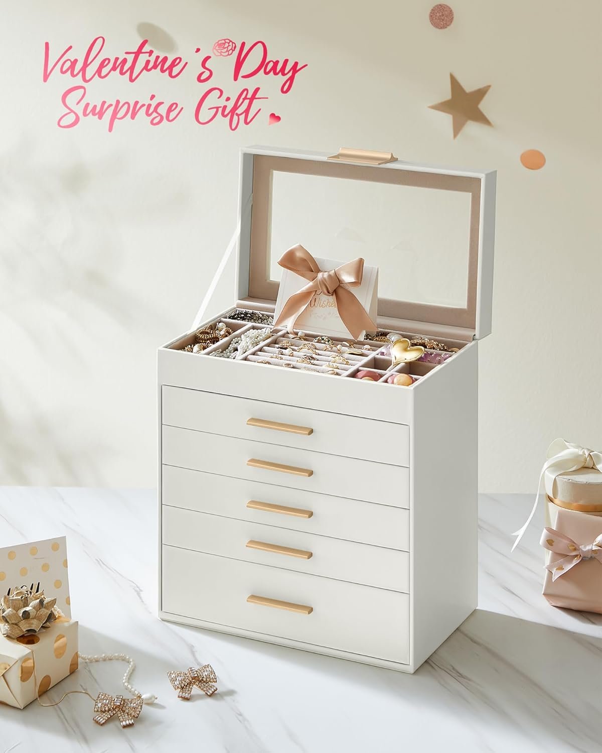 Cutie bijuterii Songmics JBC171W01 – 6 niveluri, capac din sticlă, alb auriu - imagine 5