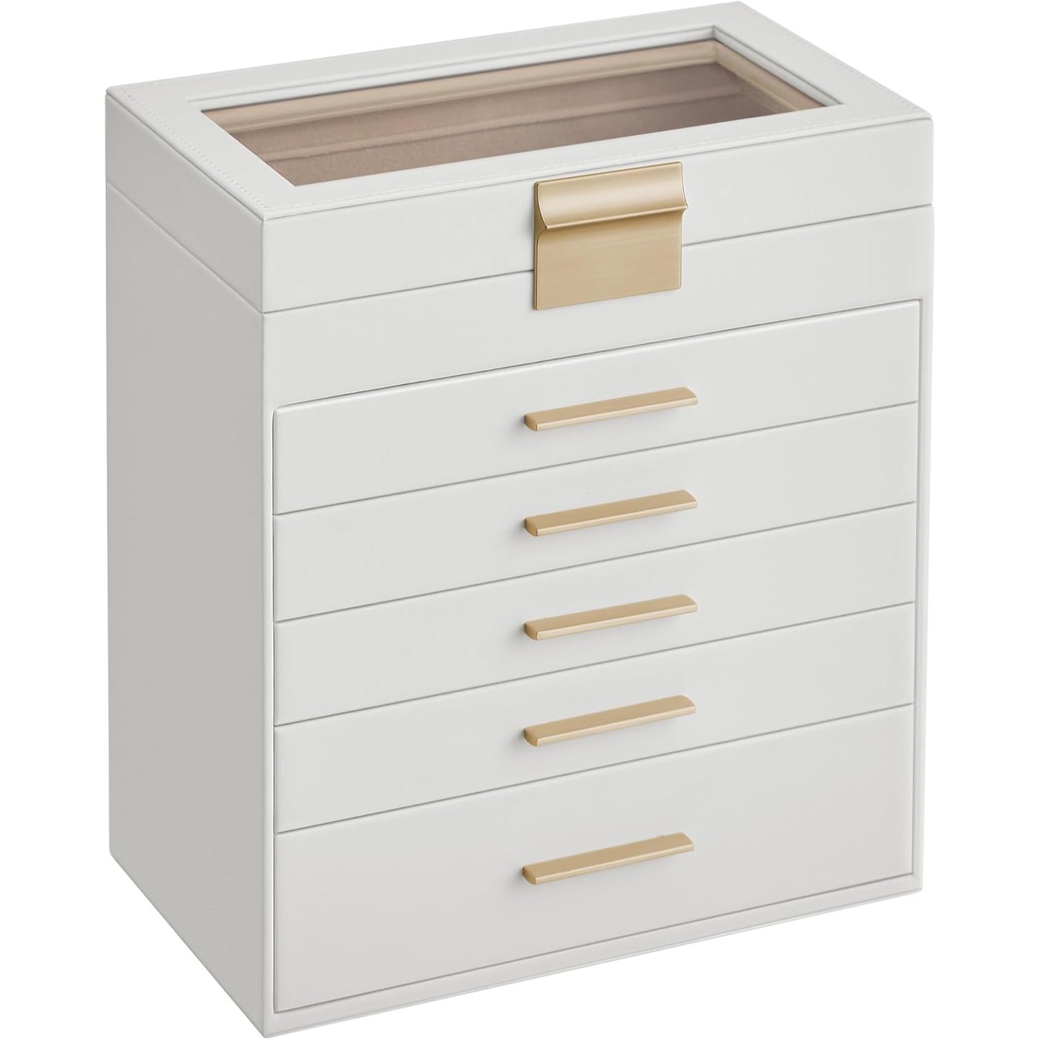 Cutie bijuterii Songmics JBC171W01 – 6 niveluri, capac din sticlă, alb auriu