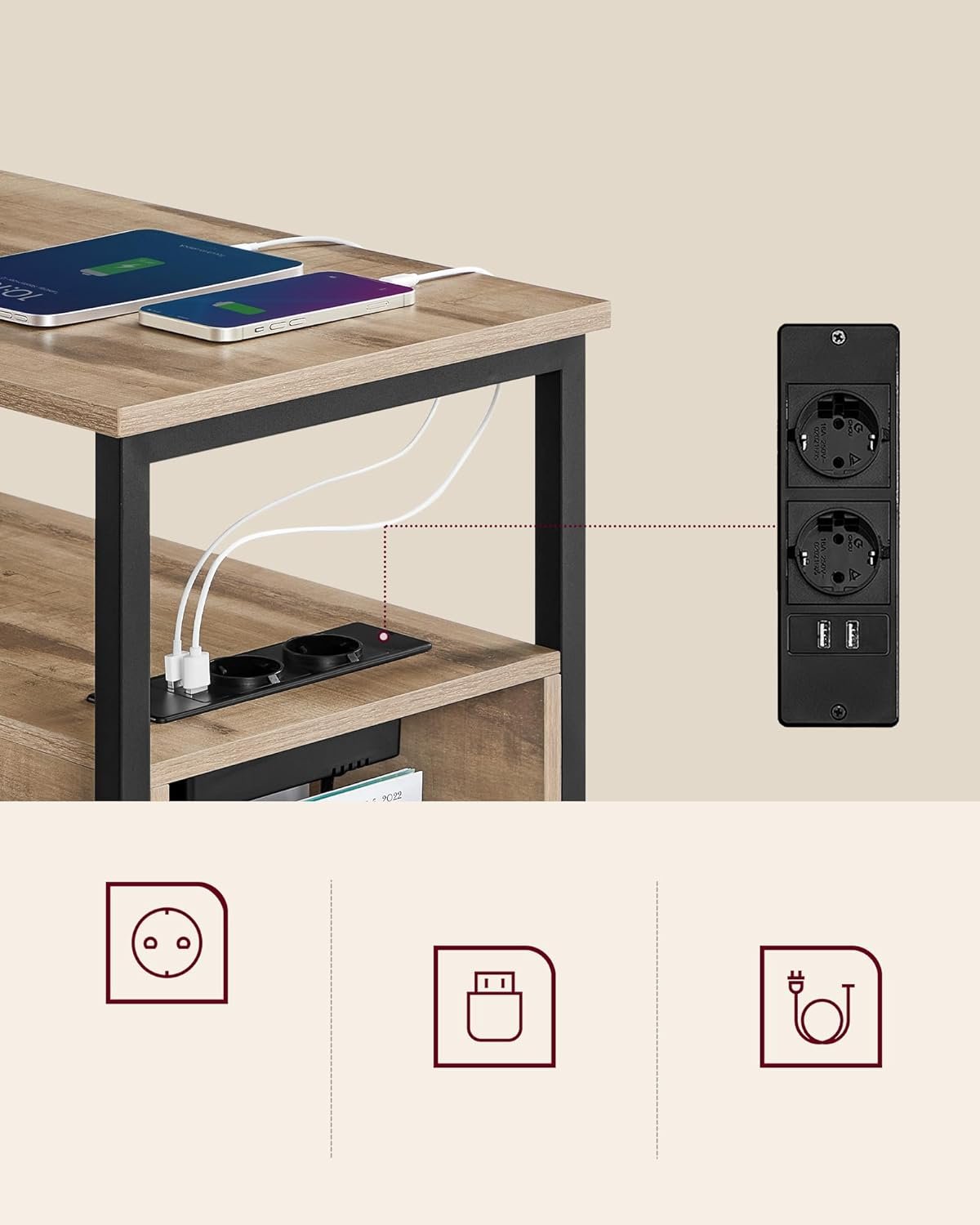 Noptieră Vasagle cu 2 sertare, rafturi și priză cu USB, 60 × 35 × 61 cm, maro - imagine 2