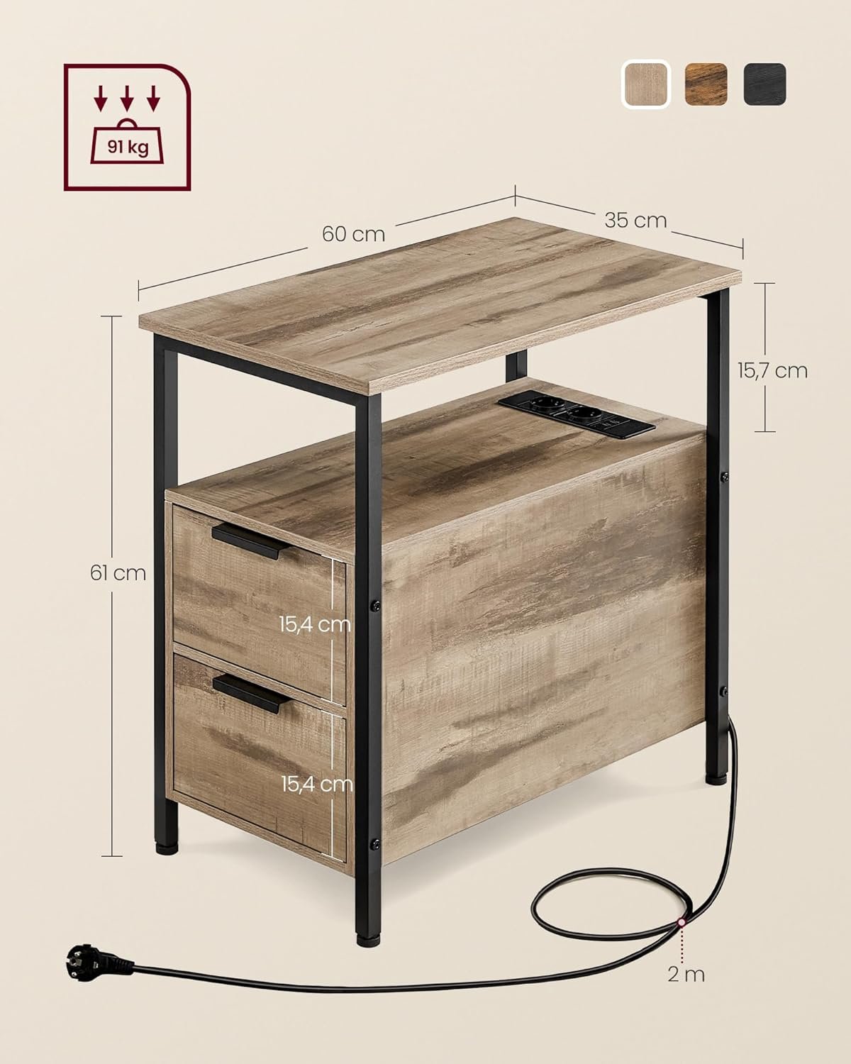 Noptieră Vasagle cu 2 sertare, rafturi și priză cu USB, 60 × 35 × 61 cm, maro - imagine 3