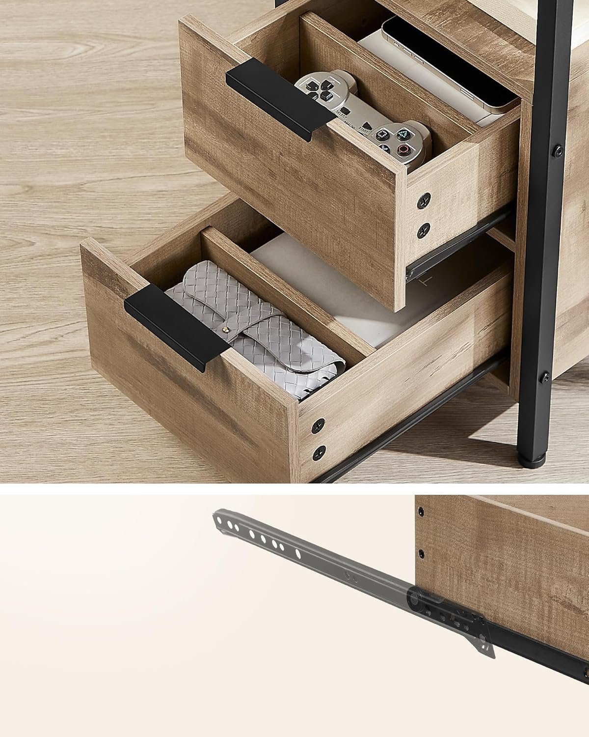 Noptieră Vasagle cu 2 sertare, rafturi și priză cu USB, 60 × 35 × 61 cm, maro - imagine 5