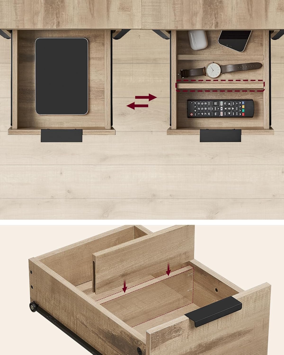 Noptieră Vasagle cu 2 sertare, rafturi și priză cu USB, 60 × 35 × 61 cm, maro - imagine 8