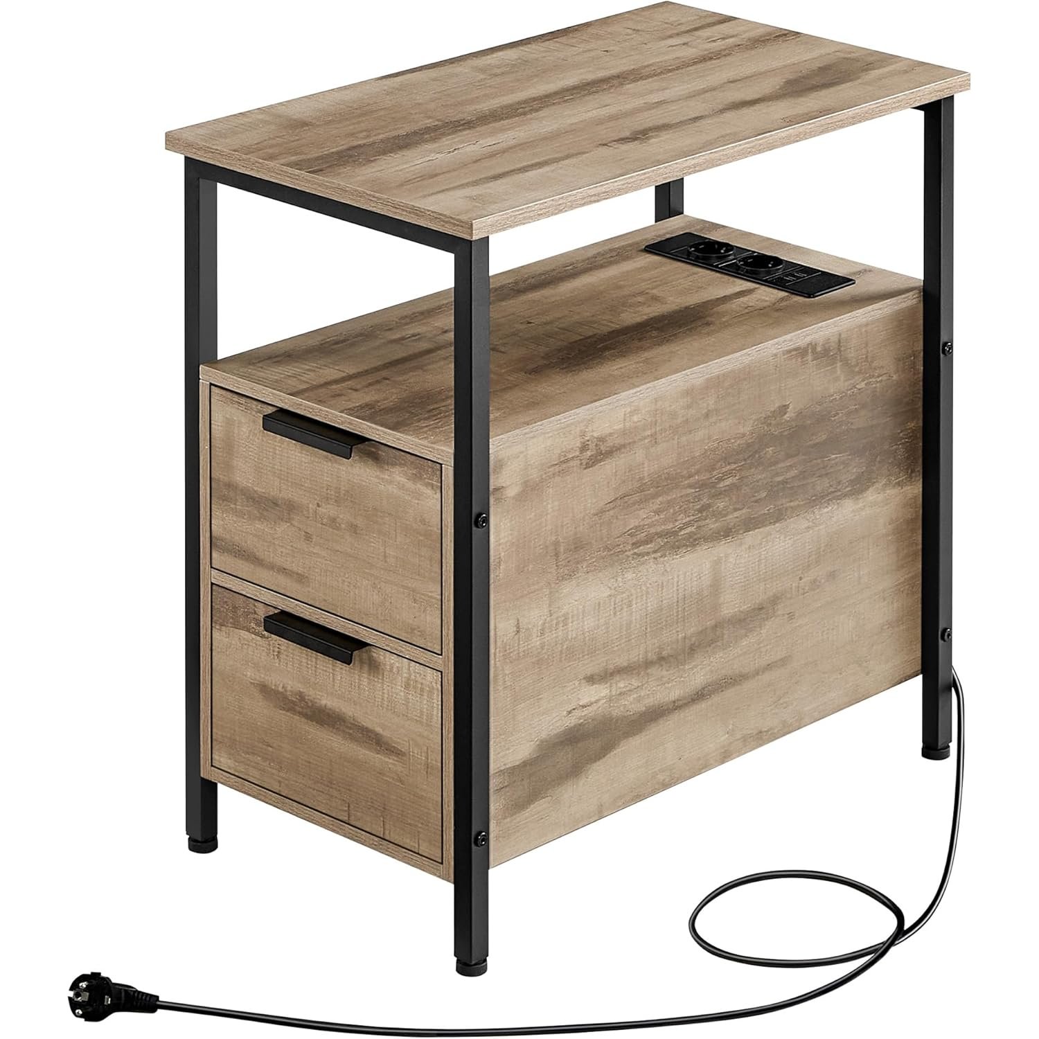 Noptieră Vasagle cu 2 sertare, rafturi și priză cu USB, 60 × 35 × 61 cm, maro