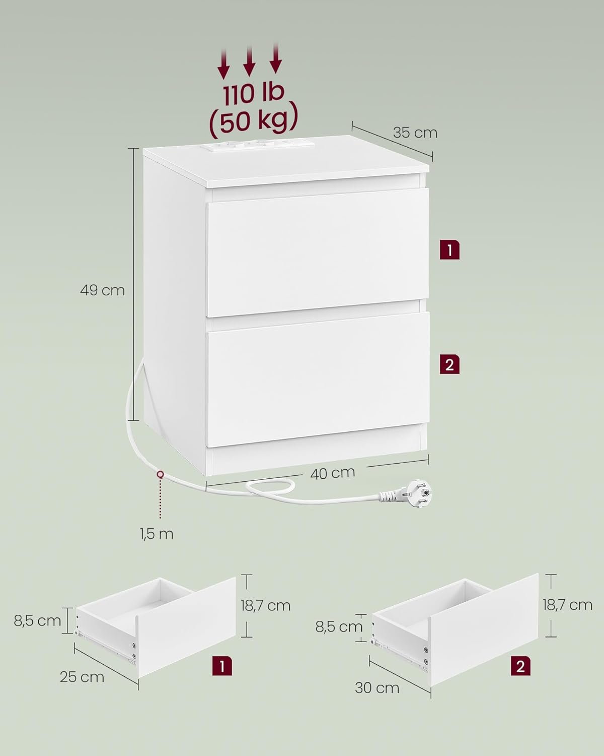 Noptieră Vasagle Kailyn LET821W02 – 2 sertare, 2 prize și 2 porturi USB, 35 × 40 × 49 cm, alb - imagine 2