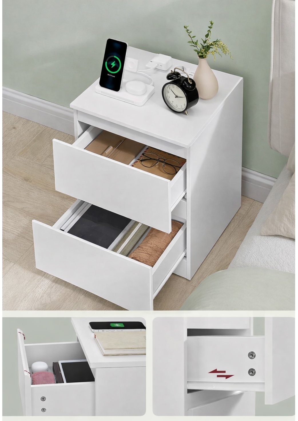Noptieră Vasagle Kailyn LET821W02 – 2 sertare, 2 prize și 2 porturi USB, 35 × 40 × 49 cm, alb - imagine 5