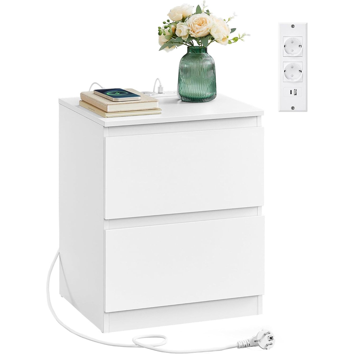 Noptieră Vasagle Kailyn LET821W02 – 2 sertare, 2 prize și 2 porturi USB, 35 × 40 × 49 cm, alb