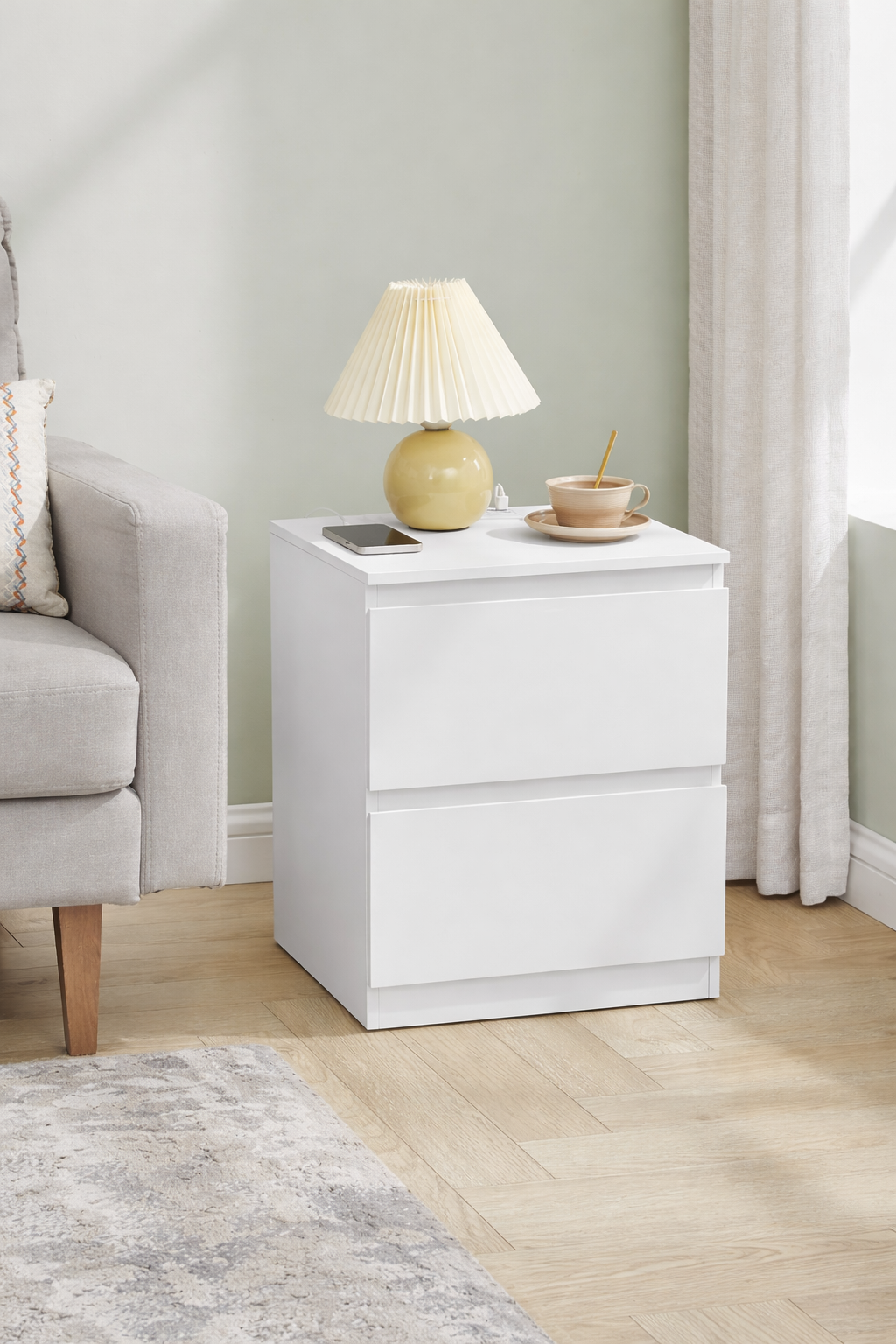 Noptieră Vasagle Kailyn LET821W02 – 2 sertare, 2 prize și 2 porturi USB, 35 × 40 × 49 cm, alb - imagine 6