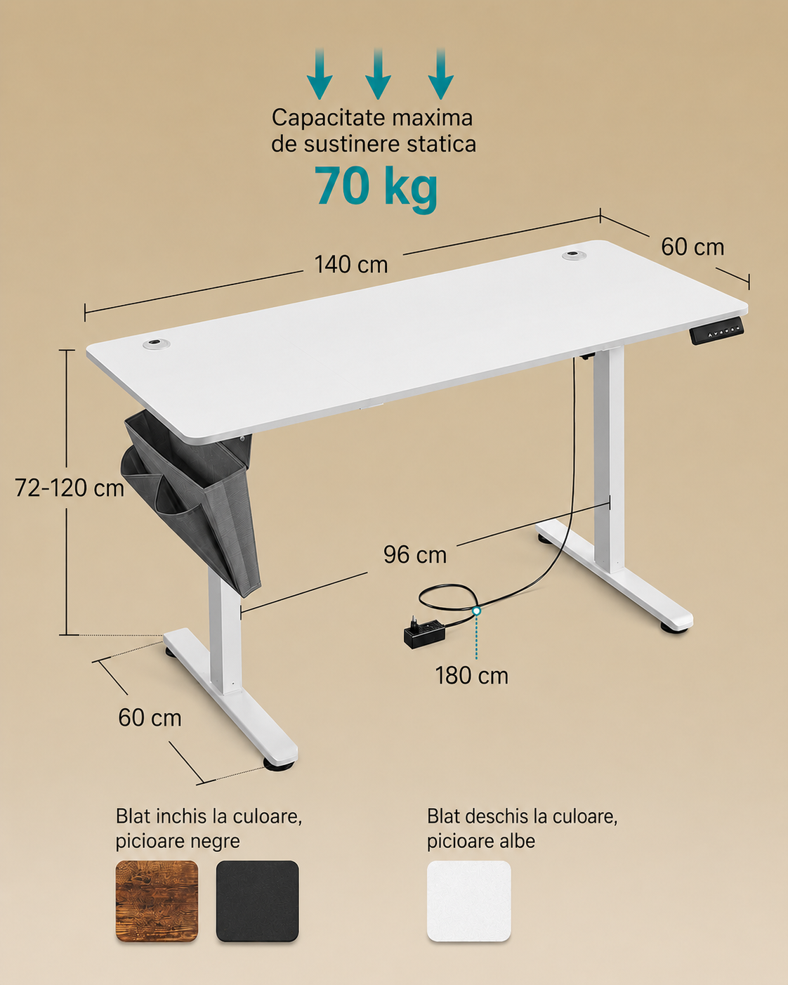 Birou reglabil electric Songmics LSD134W01 – 140 × 60 cm, memorie 4 poziții, alb - imagine 6