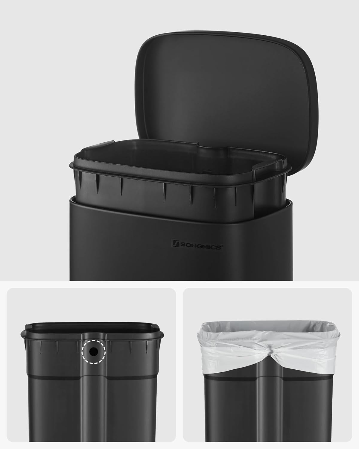 Coș de gunoi Songmics LTB03BK – 30 L, pedală, închidere lentă, metalic, negru - imagine 2