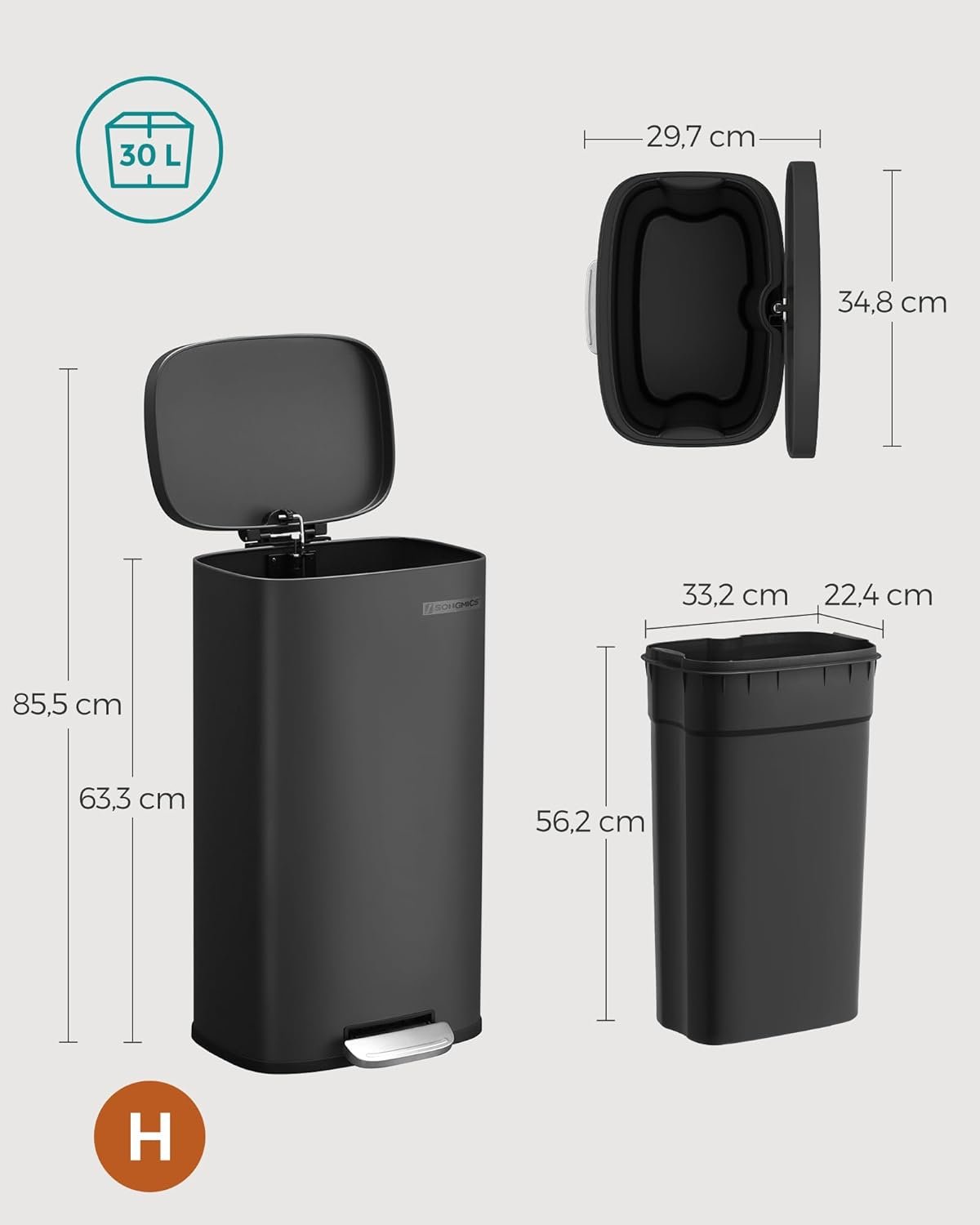 Coș de gunoi Songmics LTB03BK – 30 L, pedală, închidere lentă, metalic, negru - imagine 4