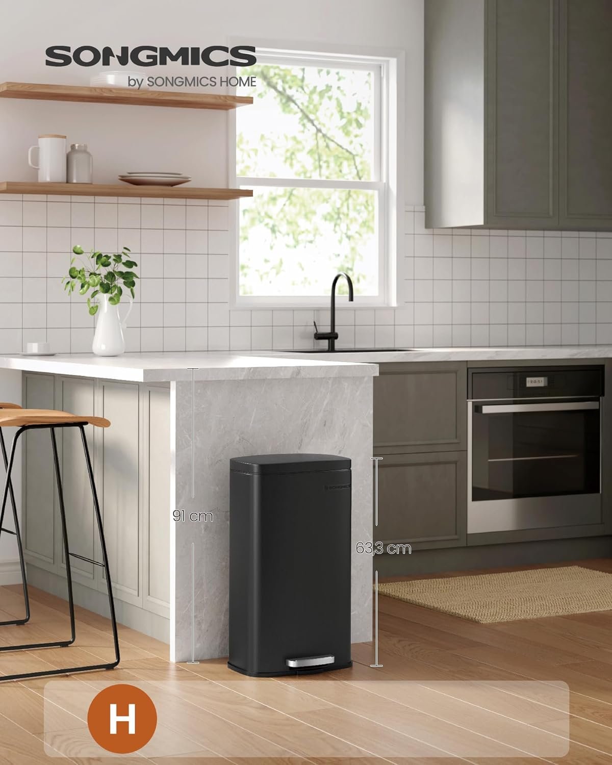 Coș de gunoi Songmics LTB03BK – 30 L, pedală, închidere lentă, metalic, negru - imagine 7