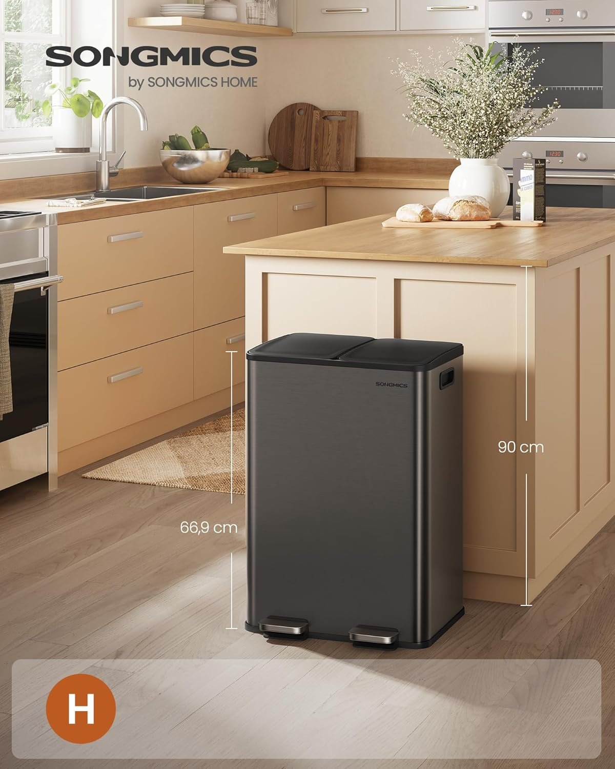 Coș de gunoi Songmics LTB741G01 – 2 × 30 L, soft-close, antracit - imagine 6