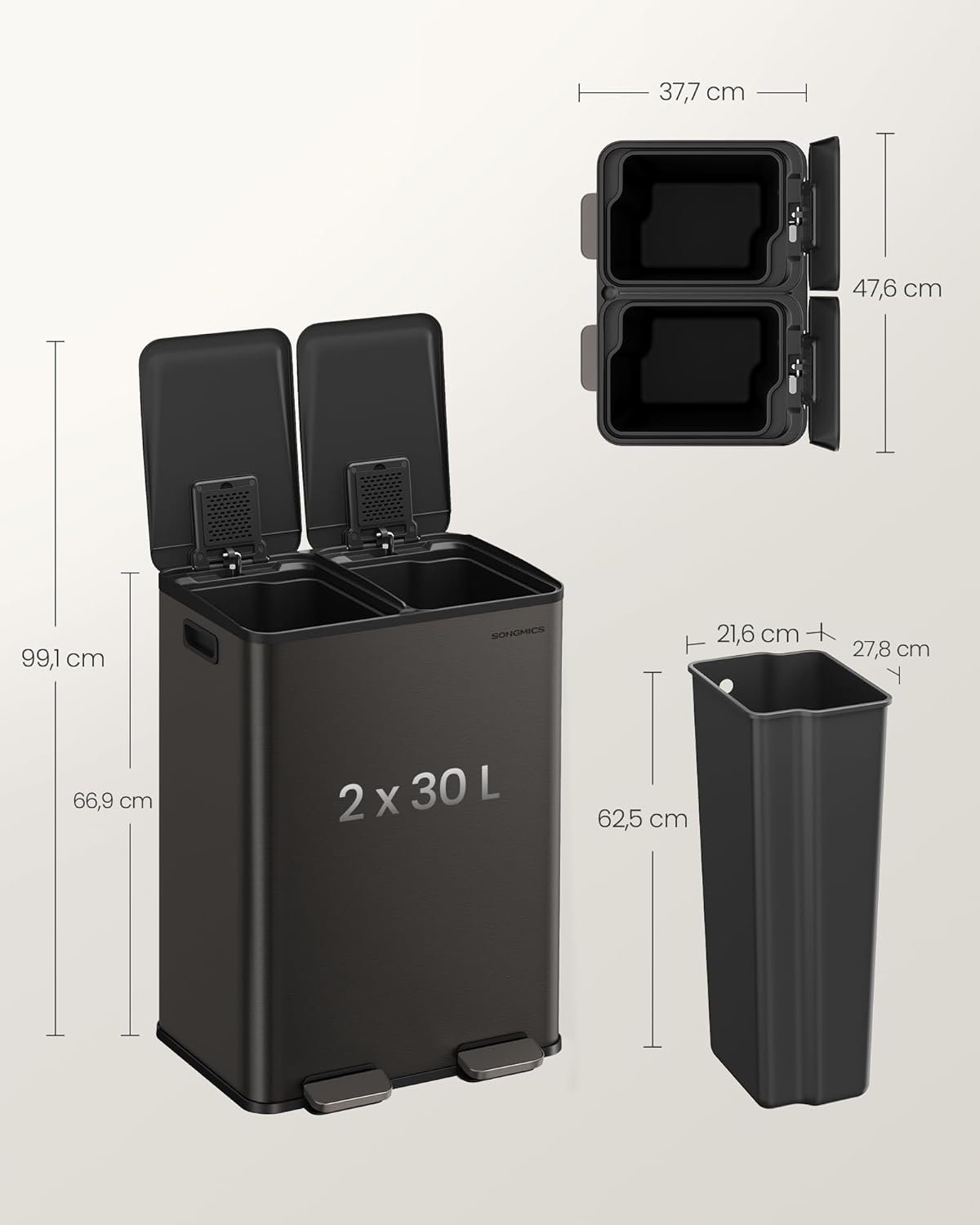 Coș de gunoi Songmics LTB741G01 – 2 × 30 L, soft-close, antracit - imagine 7